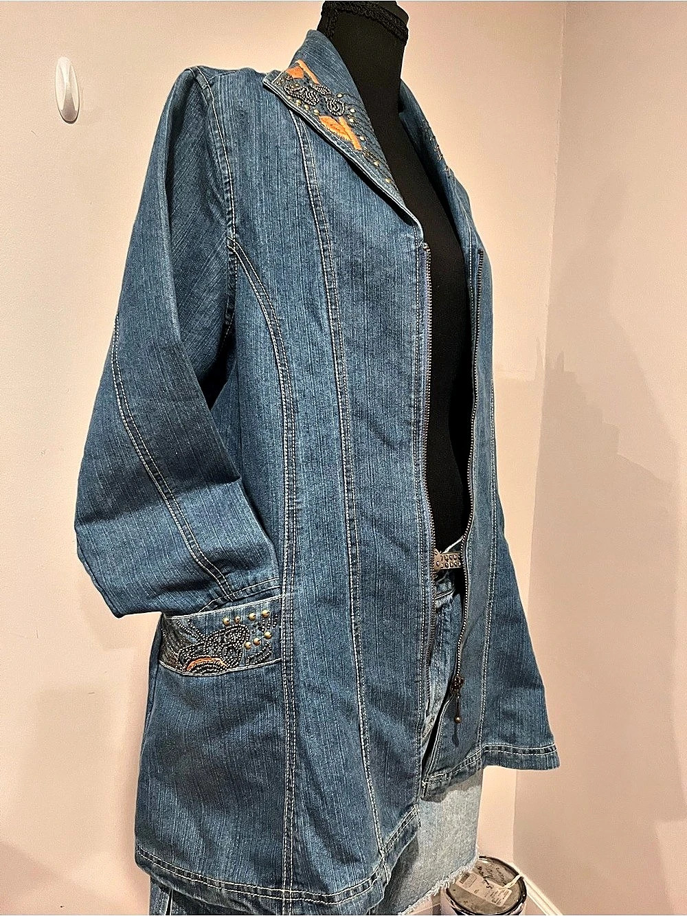 Embroidered Denim Zip-Up Jacket - Picture 3 of 9